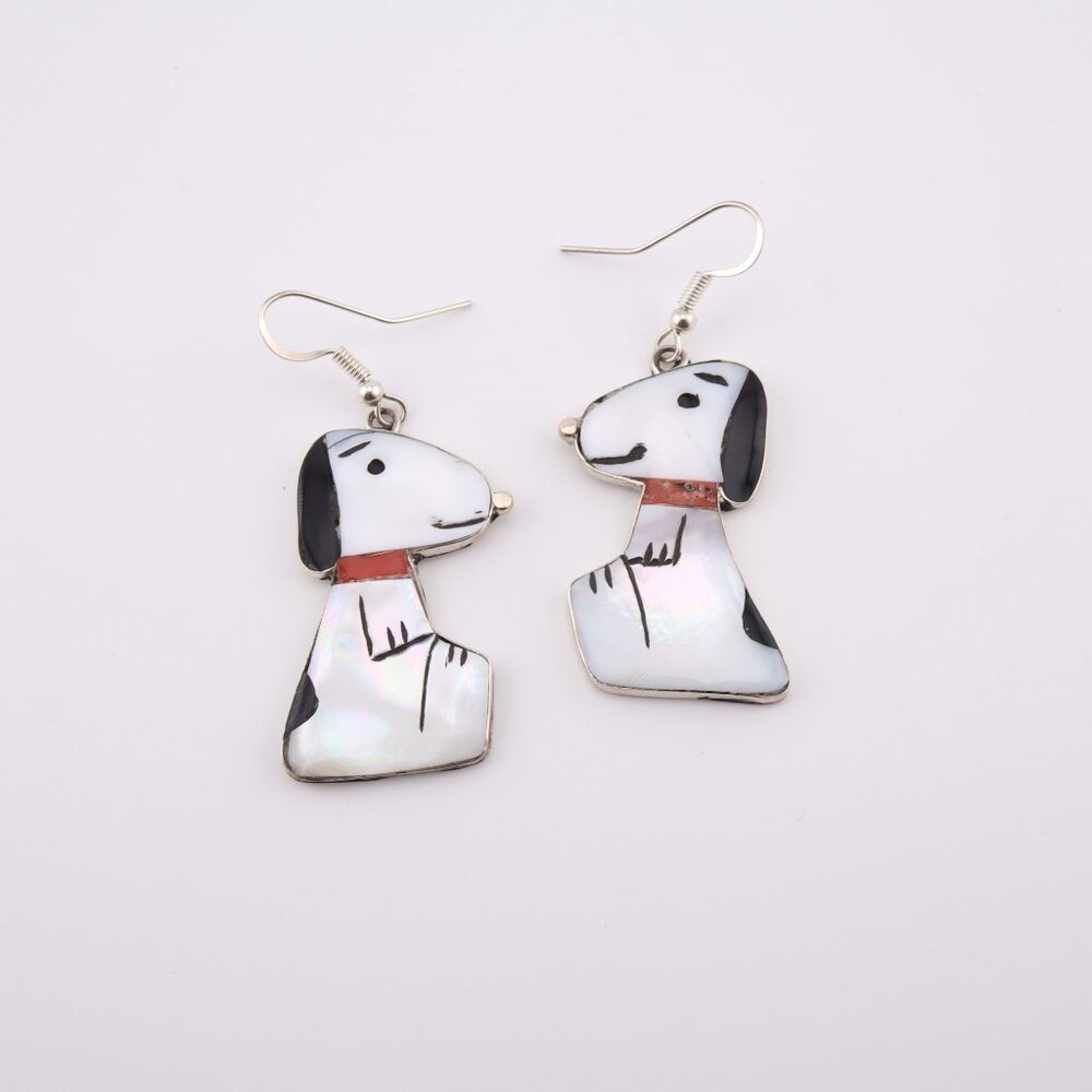 Handmade Zuni Inlay Large Snoopy Dog Dangle Earrings Sterling Silver Jewelry‎ ** - Picture 8 of 15